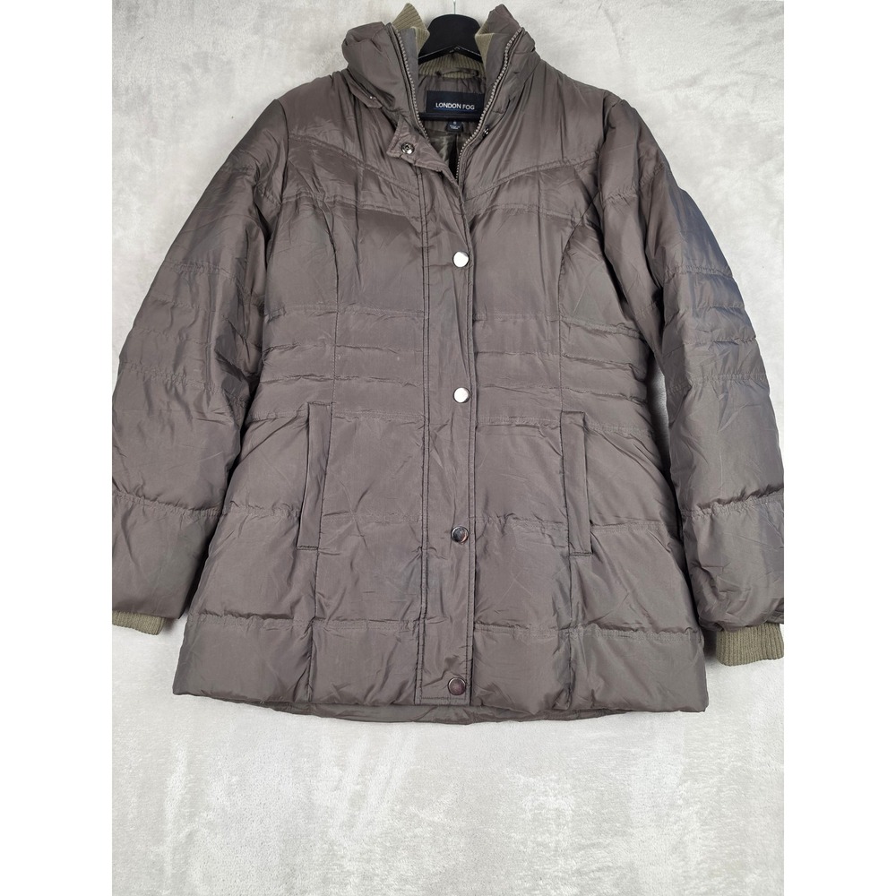 London Fog Puffer Jacket Women Small Brown Down Feather Quilted Full Zip Coat‎